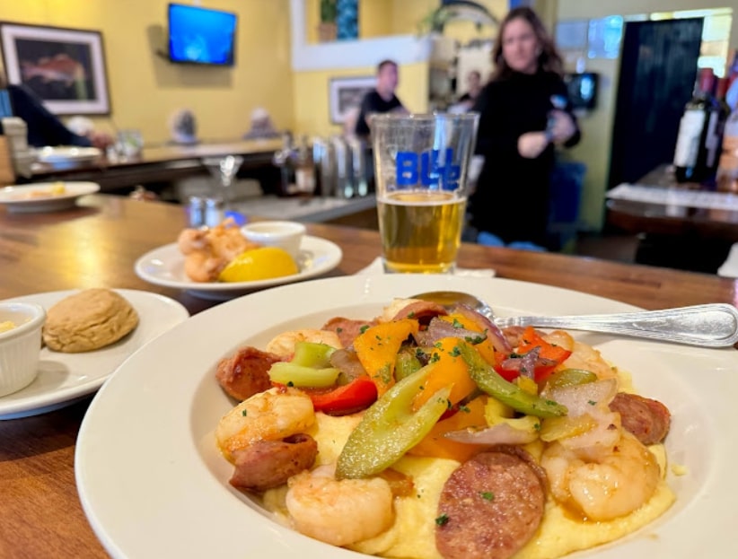 Shrimp and Grits for lunch at Blue Seafood & Spirits in Virginia Beach." 