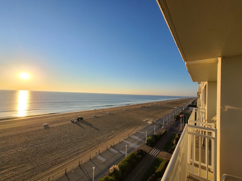 View from the terrace of the beach and ocean at sunset