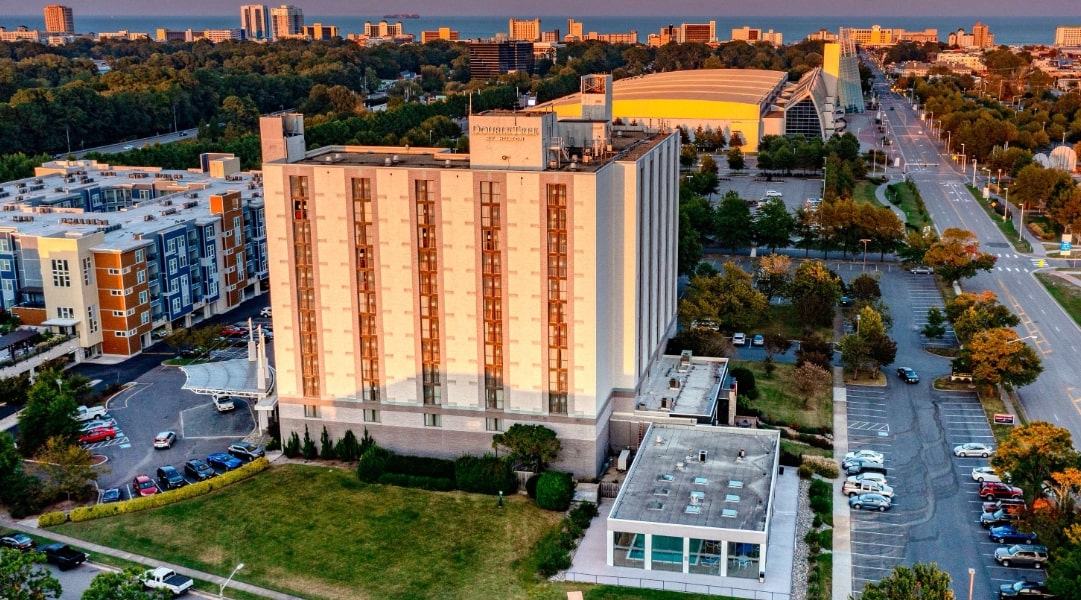 Exterior of the DoubleTree by Hilton Virginia Beach, captured by drone