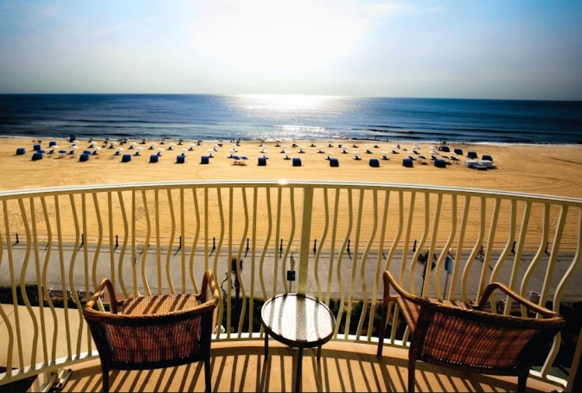 View of the beach from the terrace of the Hilton Virginia Beach Oceanfront hotel