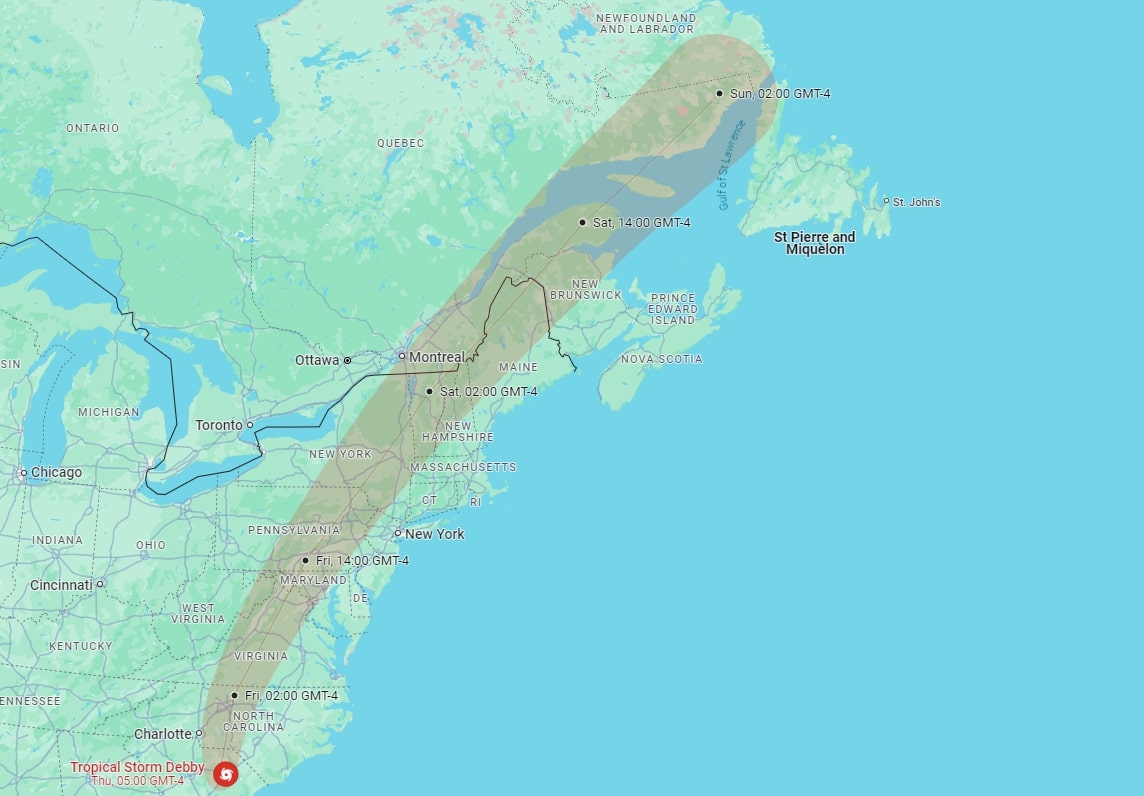 Map of the Tropical Storm Debby