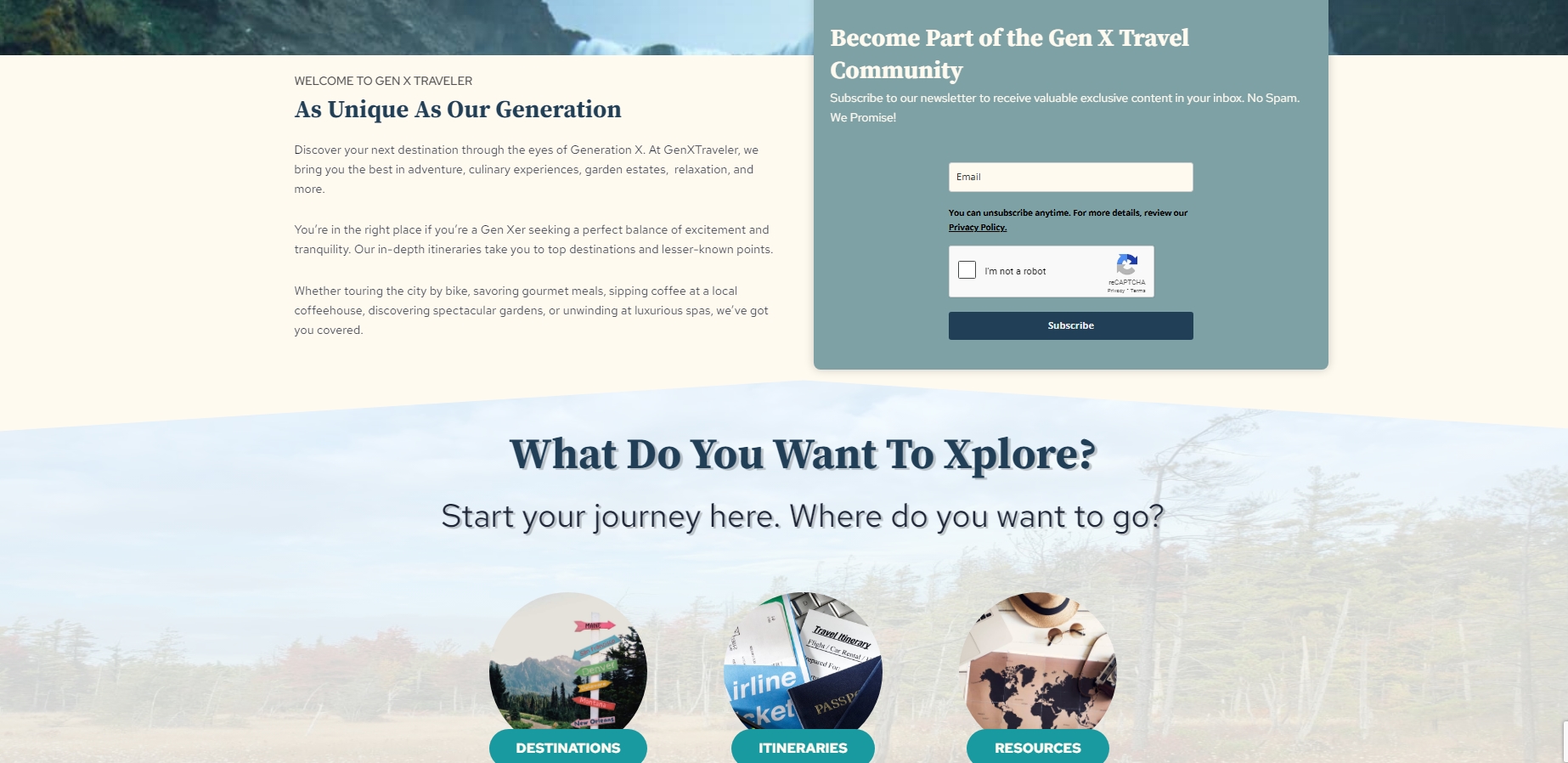 A screenshot of the GenXTraveler website, featuring travel tips, destinations, itineraries, and resources for Generation X travelers