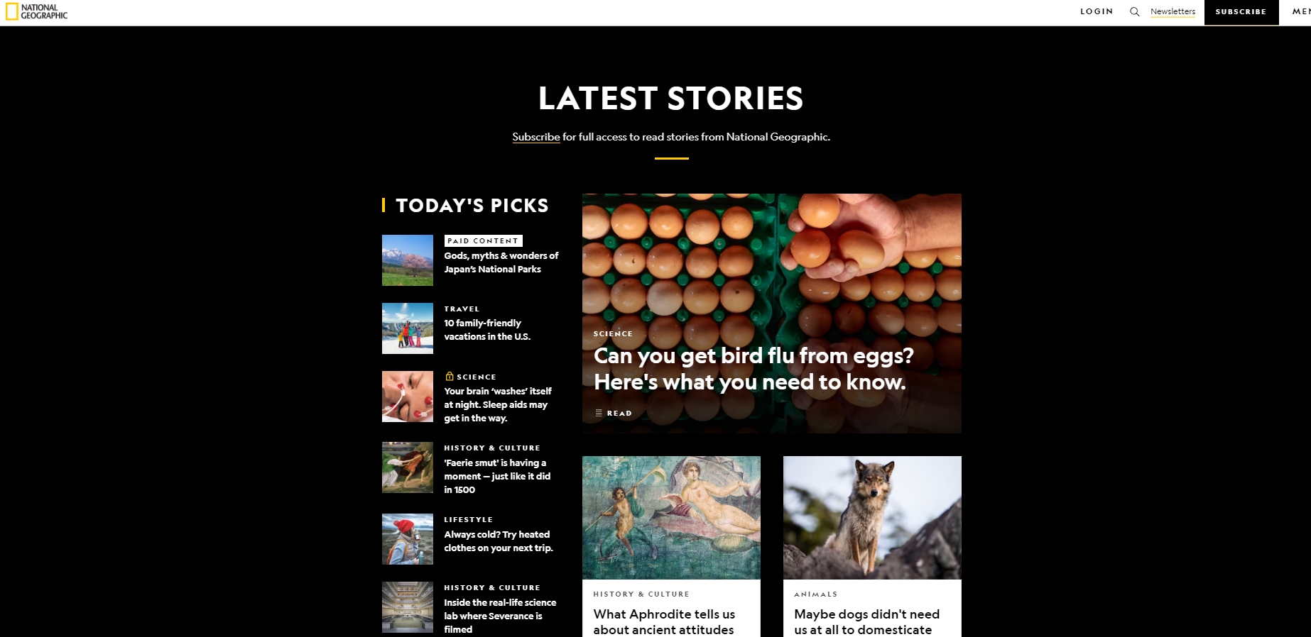 A screenshot of the National Geographic website featuring top stories on science, travel, history, and animals