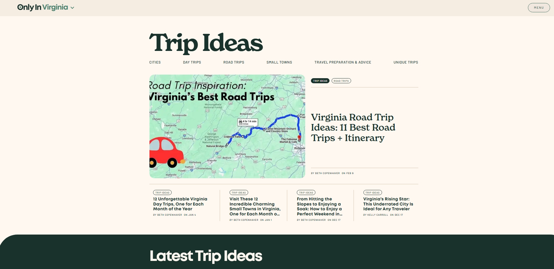 Screenshot of the "Only In Virginia" website featuring trip ideas, road trip itineraries, and travel recommendations