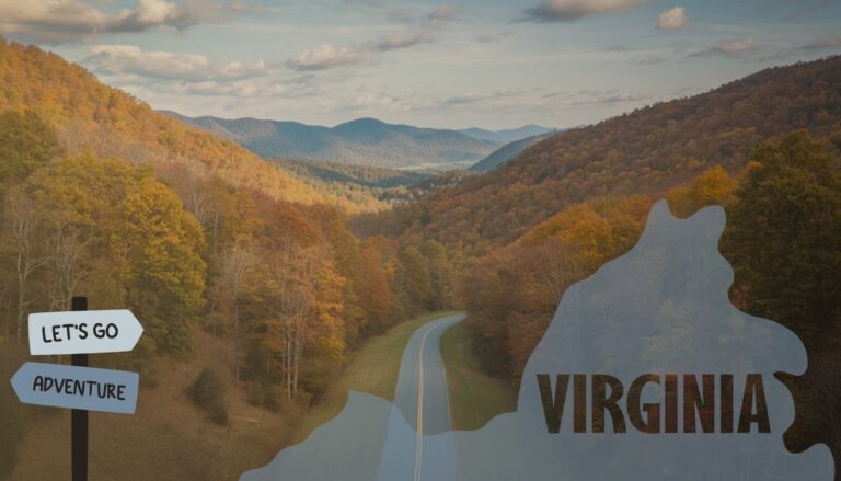 A winding road through Virginia’s autumn-colored mountains with a "Let’s Go Adventure" sign and a Virginia state outline overlay