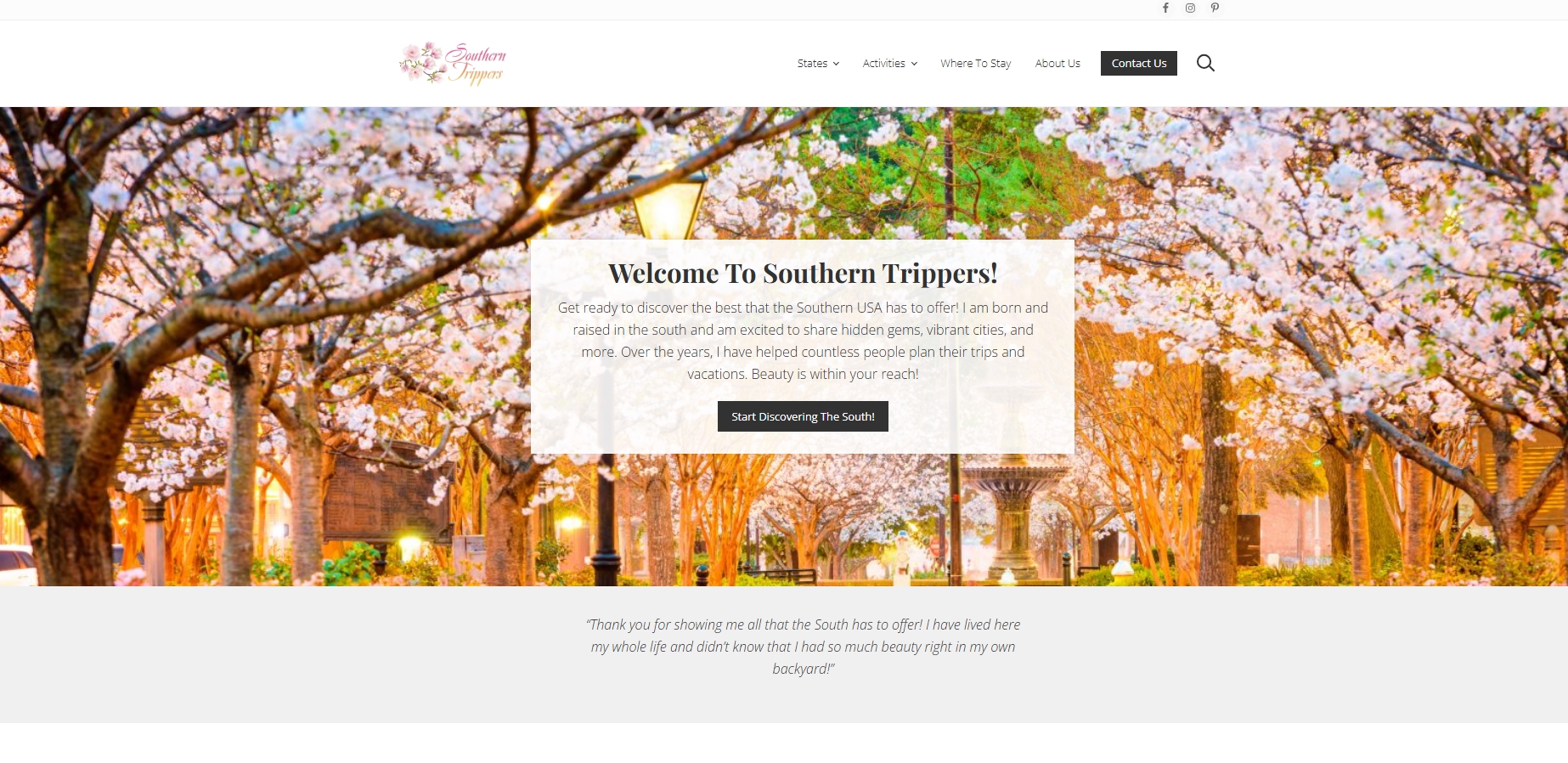 Screenshot of the Southern Trippers website, featuring travel tips, destinations, and experiences across the Southern USA