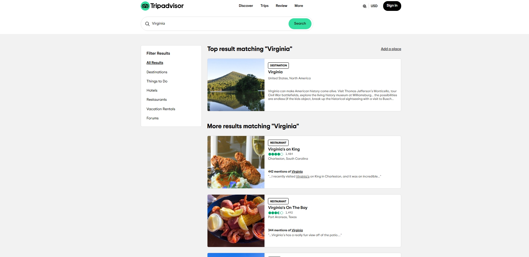 Screenshot of a TripAdvisor search for Virginia, displaying top travel destinations, restaurants, and visitor recommendations