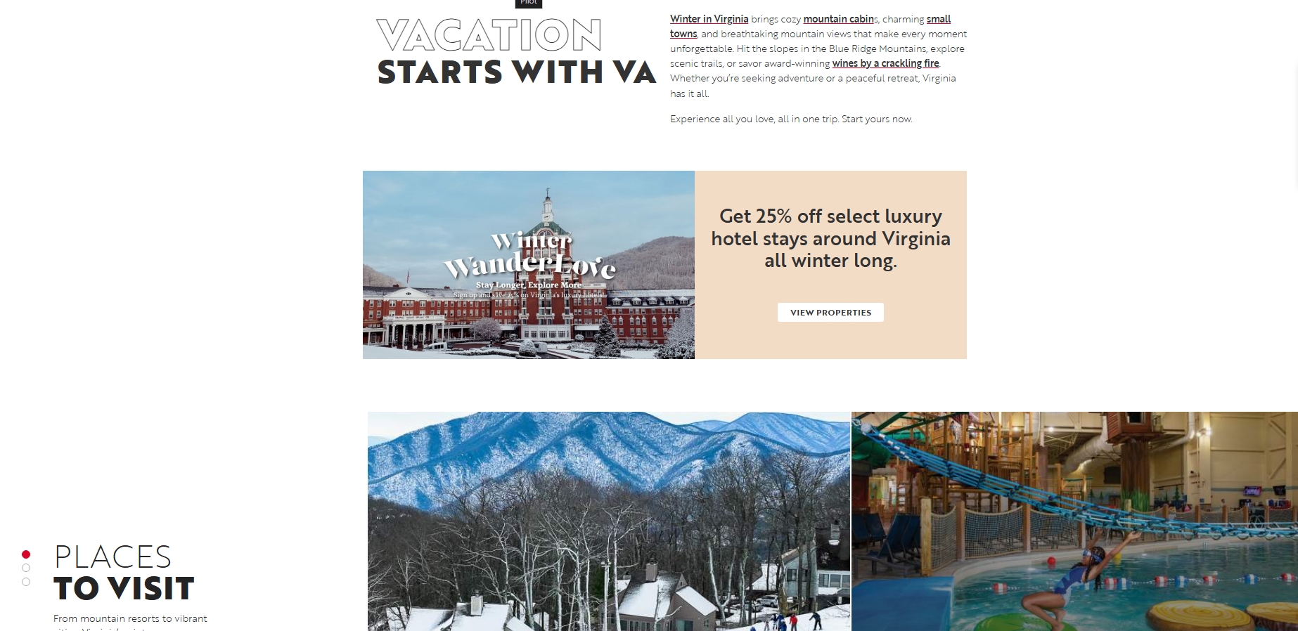 A promotional webpage showcasing winter travel in Virginia with images of snowy resorts, a luxury hotel, and an indoor water park