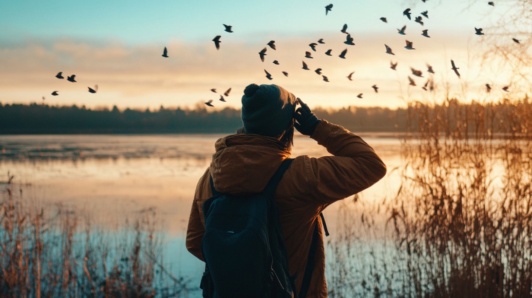A person wearing a beanie and backpack birdwatching near a lake with birds flying overhead during sunrise