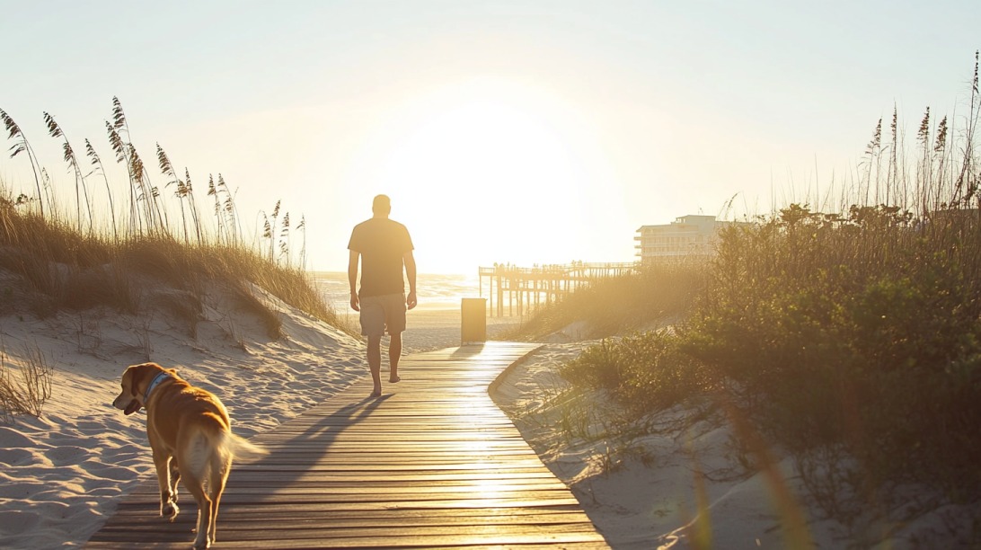 A man walks barefoot on a wooden boardwalk toward the beach with a golden retriever, with the sun setting over the ocean in the background
