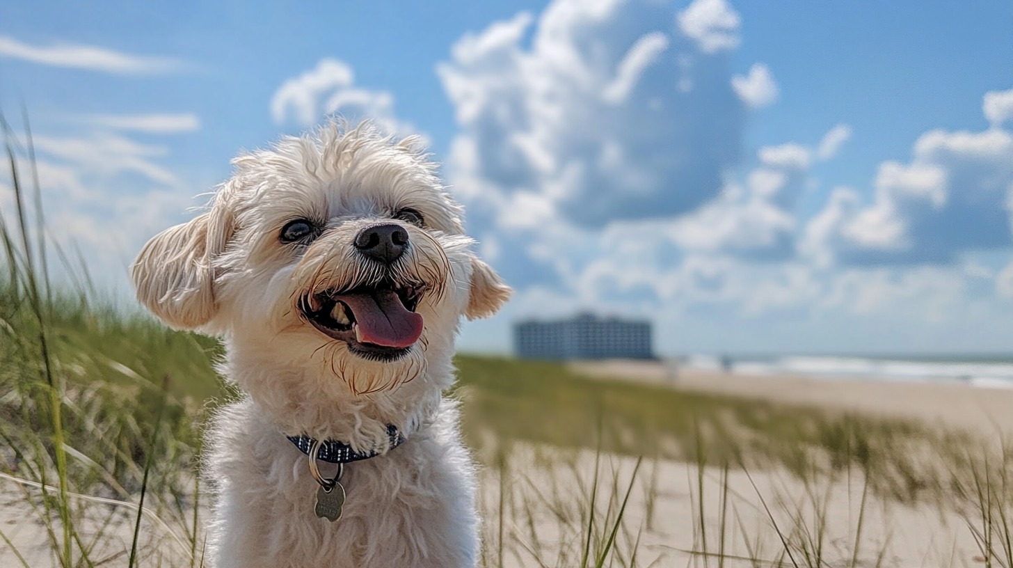A small, fluffy white dog panting happily while sitting in beach grass with the ocean and a distant building in the background under a blue sky