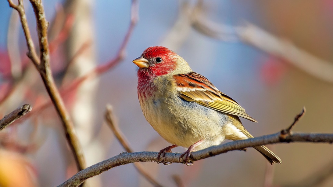 A brightly colored male Purple Finch with red head and chest sitting on a branch
