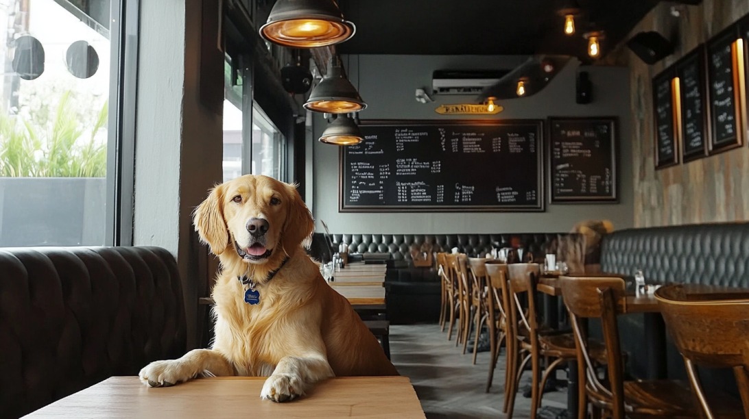 Golden Retriever sitting at a table in a stylish restaurant with blackboard menus on the wall