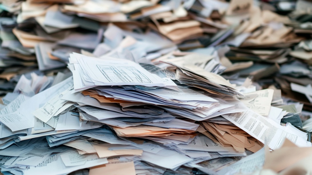 Large stack of assorted documents and papers scattered in a disorganized pile