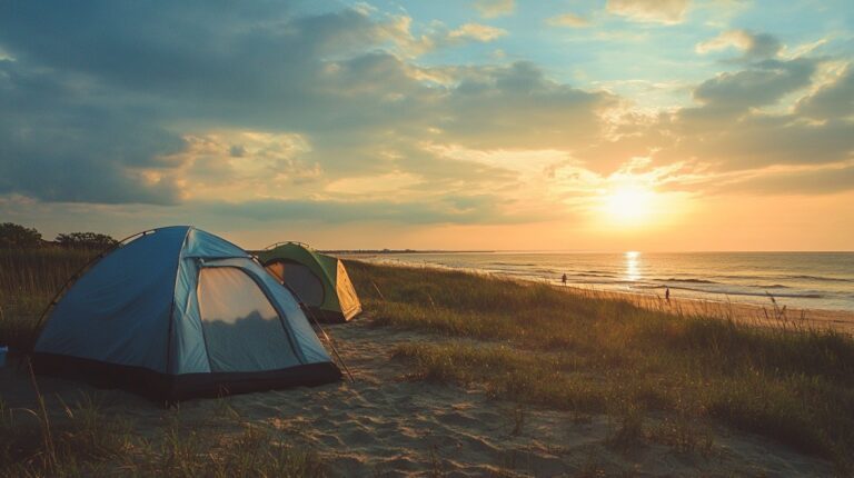 Tents set up along a grassy beach at sunrise, with people walking near the shoreline and the ocean in the background