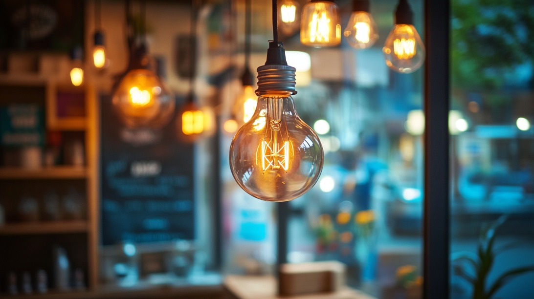 Close-up of a glowing vintage-style lightbulb hanging in a warmly lit shop or café