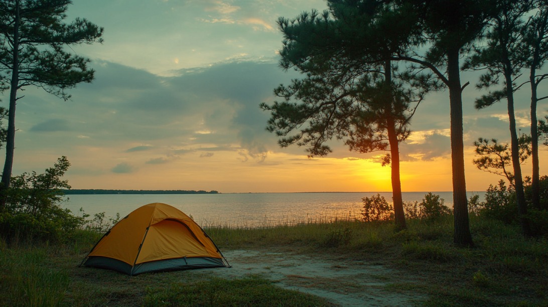 A yellow tent set up near a tree-lined shoreline at sunset, overlooking calm water at First Landing State Park