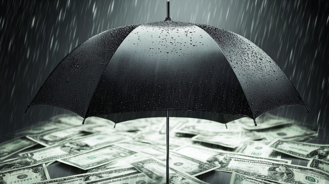 Black umbrella shielding U.S. dollar bills from rain, symbolizing financial protection