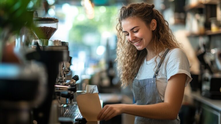 Smiling young woman in an apron working behind a coffee counter in a cozy café