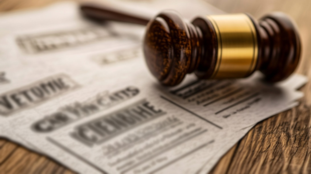 Close-up of legal documents with bold typography and a wooden judge’s gavel on a desk