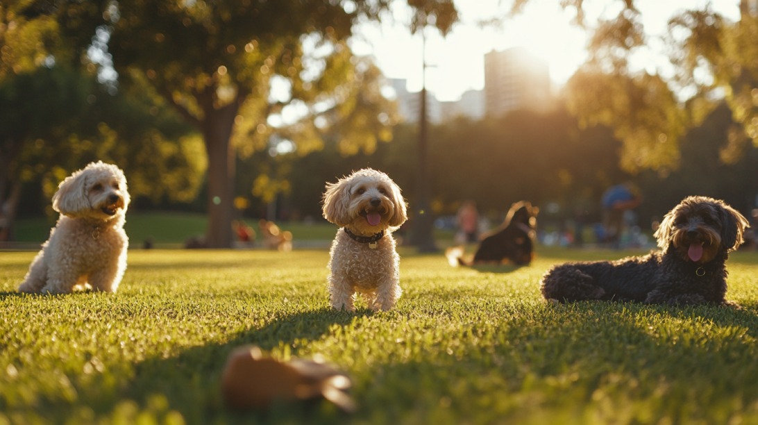 Several small dogs playing and lounging on a grassy field at a park during golden hour, with trees and city buildings in the background.