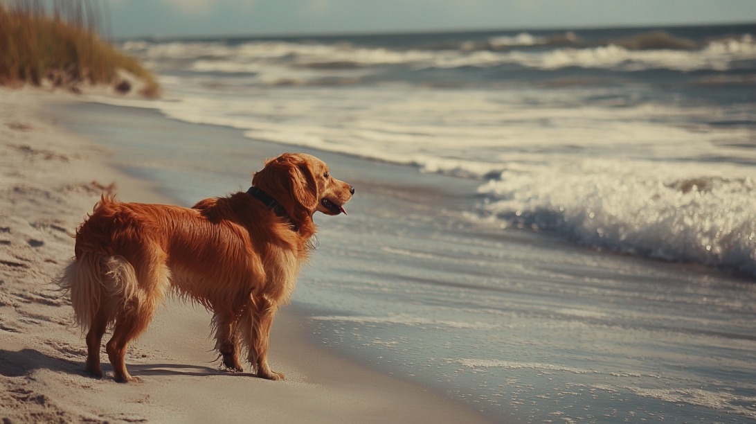 Golden Retriever standing on a sandy beach, looking out at the ocean waves on a sunny day