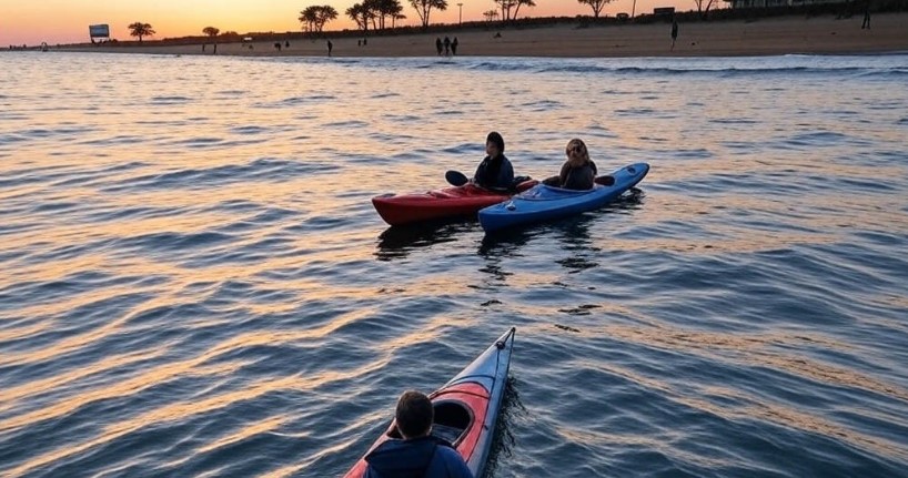 Three people in kayaks paddling on calm water during a vibrant sunset, with colorful skies reflecting on the surface