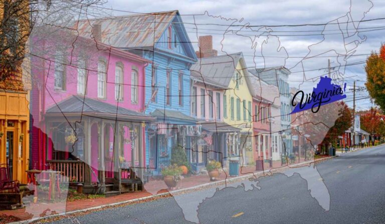 Colorful historic buildings in a small Virginia town with a U.S. map overlay and "Virginia" highlighted
