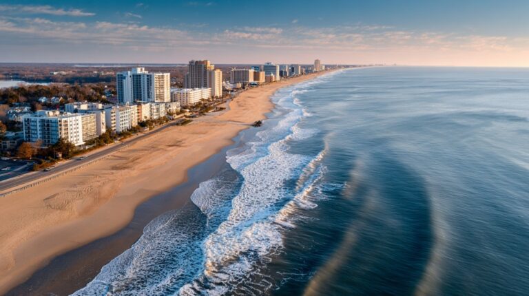 Aerial view of Virginia Beach coastline with waves, sandy shore, and high-rise buildings