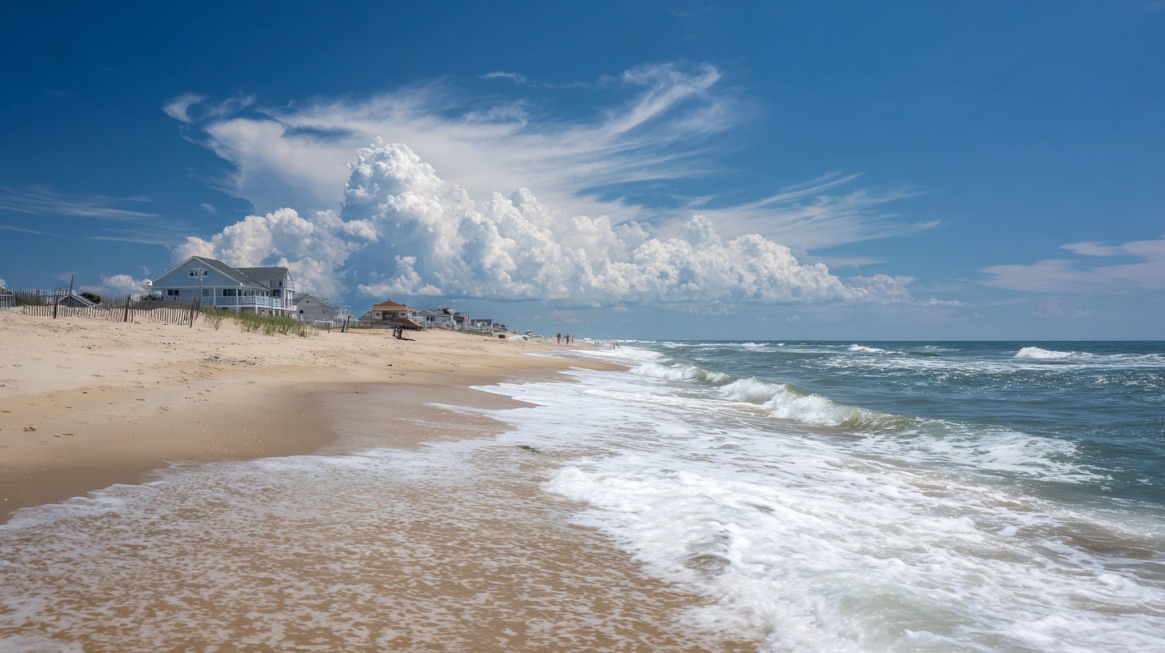 A quiet, scenic shoreline at Sandbridge Beach with gentle waves and beach houses under a bright blue sky with clouds