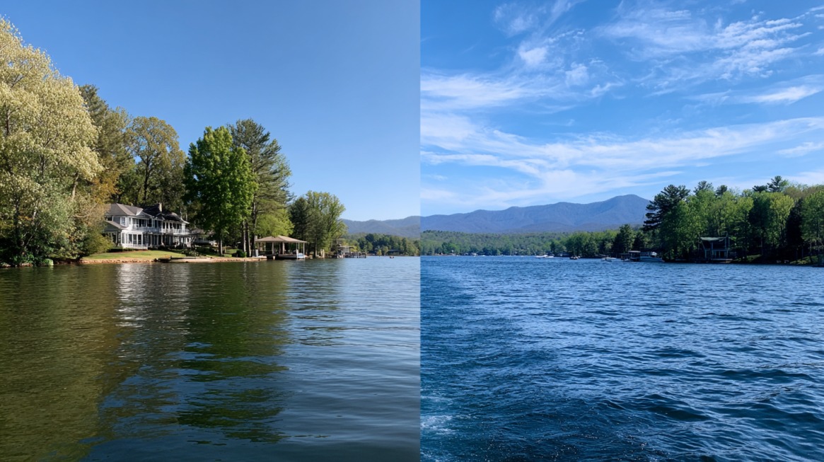 Split view of two lakes with homes, trees, and mountains—calm greenish water on the left and deep blue rippling water on the right under a bright sky
