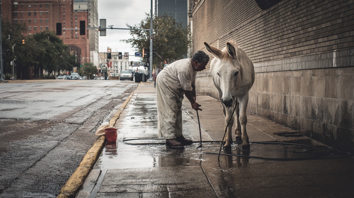 Person using a hose to wash a white mule on a wet city sidewalk