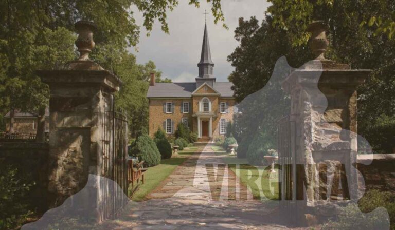 Historic Virginia mansion with a steeple and garden walkway, framed by old stone gateposts and overlay of Virginia map with text