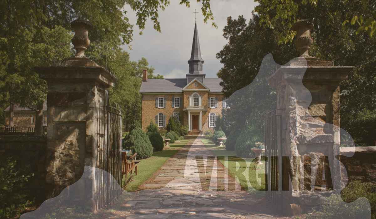 Historic Virginia mansion with a steeple and garden walkway, framed by old stone gateposts and overlay of Virginia map with text