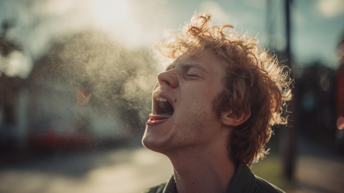 Young man with curly hair spitting into the air outdoors in sunlight