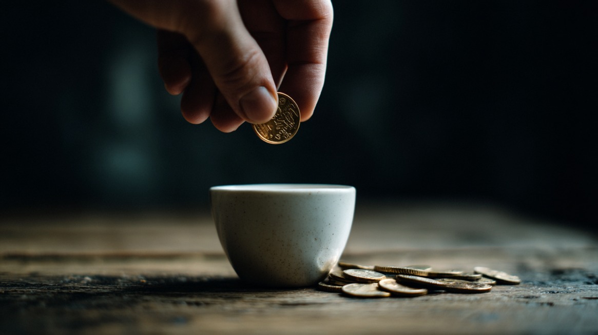 Close-up of a hand dropping a coin into a small cup, with more coins on the table