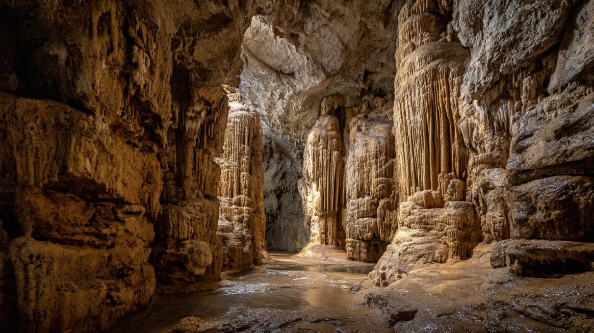 Interior view of a cave with tall, textured stalactites and stalagmites