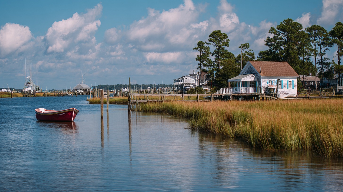 A small boat floating near a rustic waterfront home in Chincoteague, Virginia