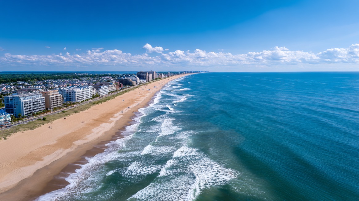 Aerial view of Virginia Beach Oceanfront showing waves, high-rise hotels, and a long stretch of sandy beach