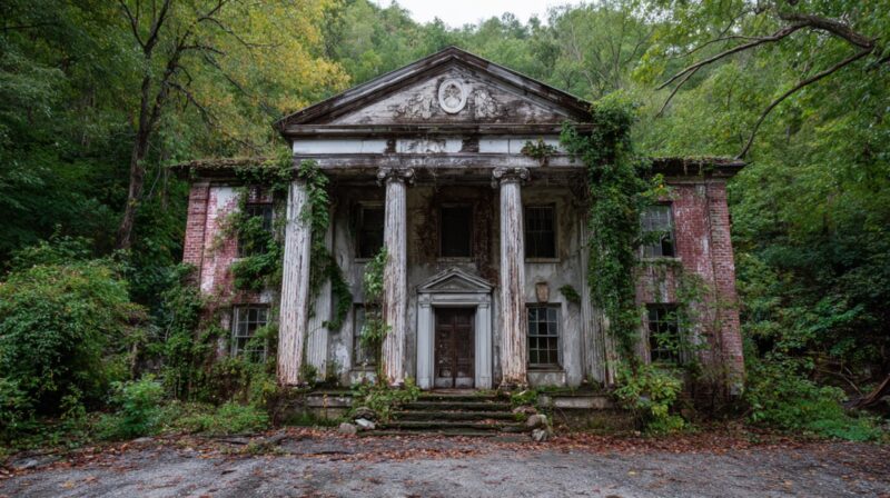 An old, decaying mansion with classical columns, overgrown with ivy and surrounded by dense forest
