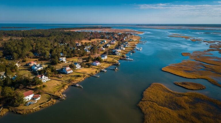 Aerial view of Chincoteague, Virginia, showing houses along the waterfront and marshlands