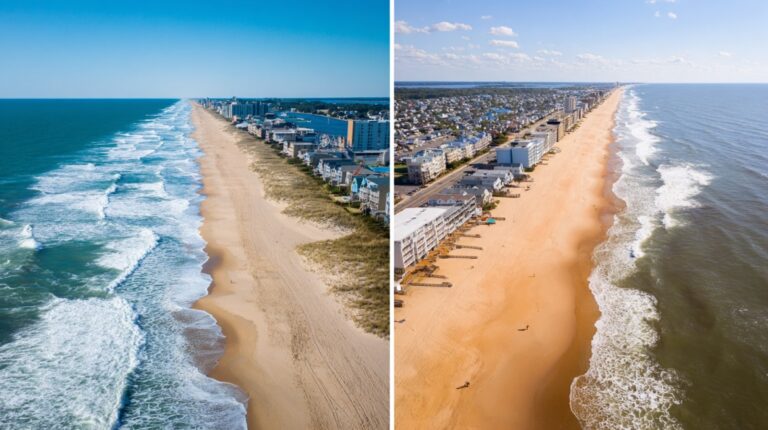Aerial view of Virginia Beach Oceanfront showing waves, high-rise hotels, and a long stretch of sandy beach