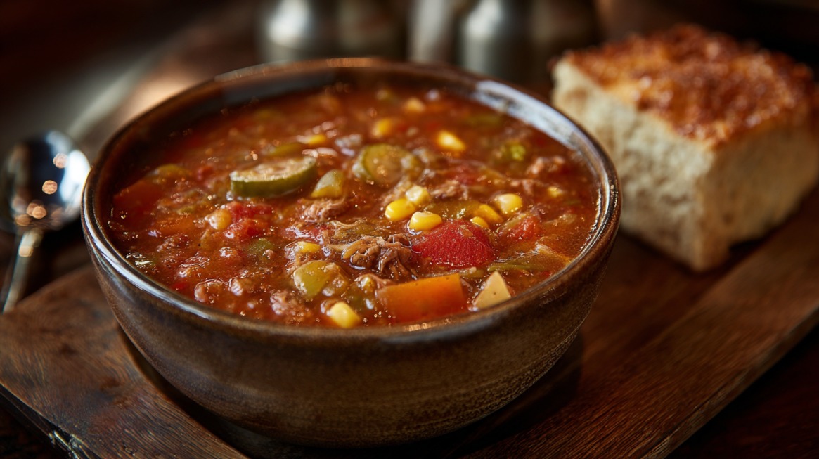 Bowl of Brunswick stew filled with corn, tomatoes, zucchini, and shredded meat, served with cornbread