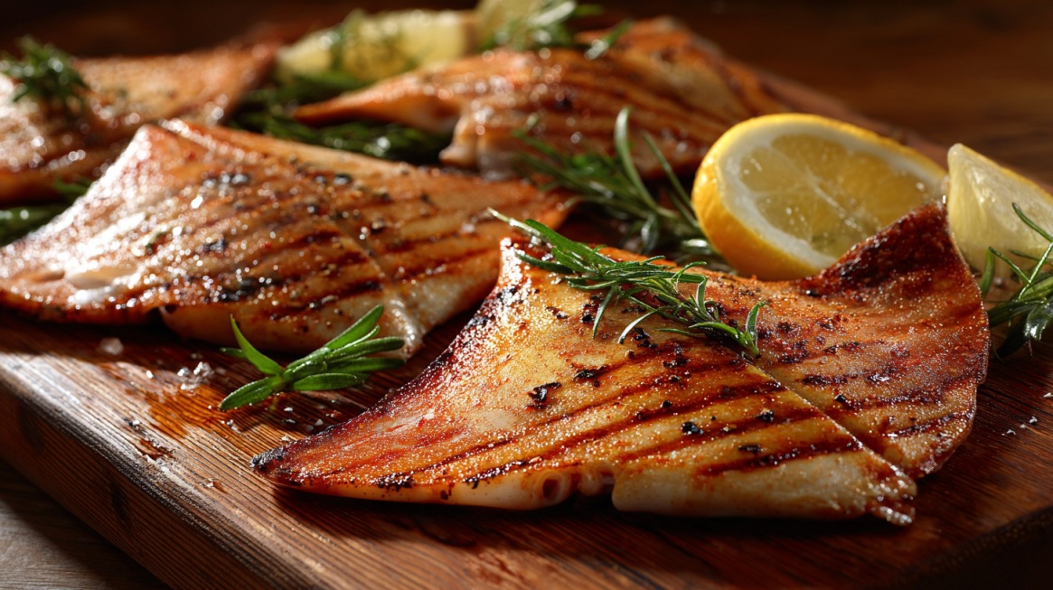 Grilled cownose ray fillets garnished with rosemary and lemon slices