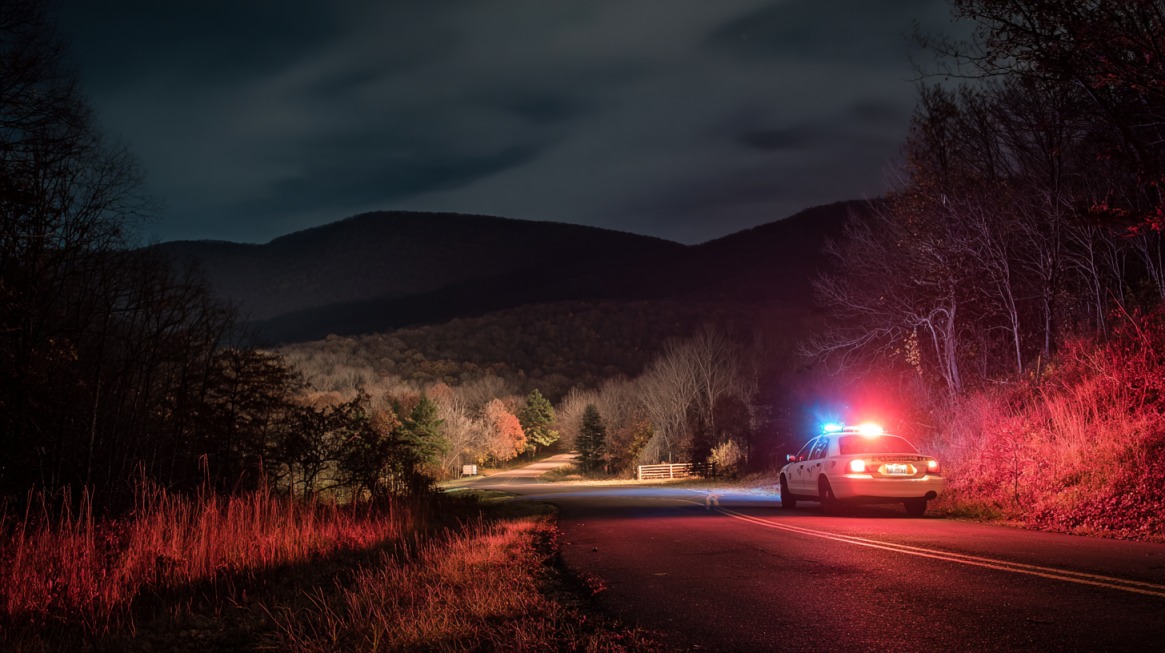 Police car with flashing lights on a road in Shenandoah National Park at night