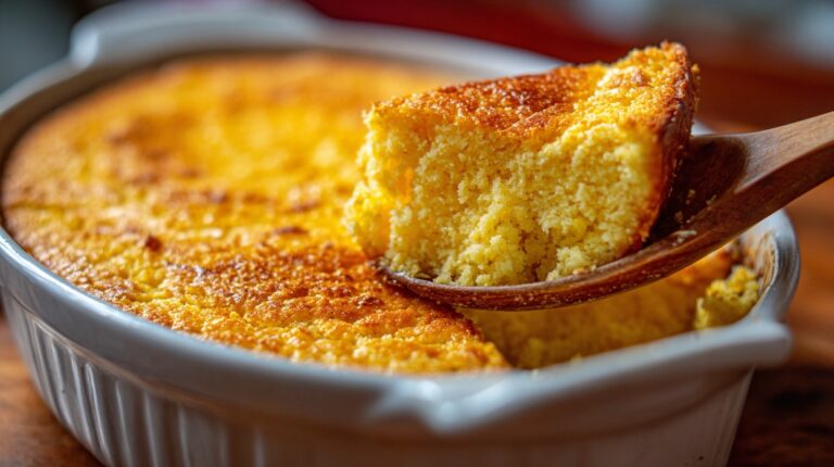 Golden brown spoonbread in a baking dish with a spoonful served