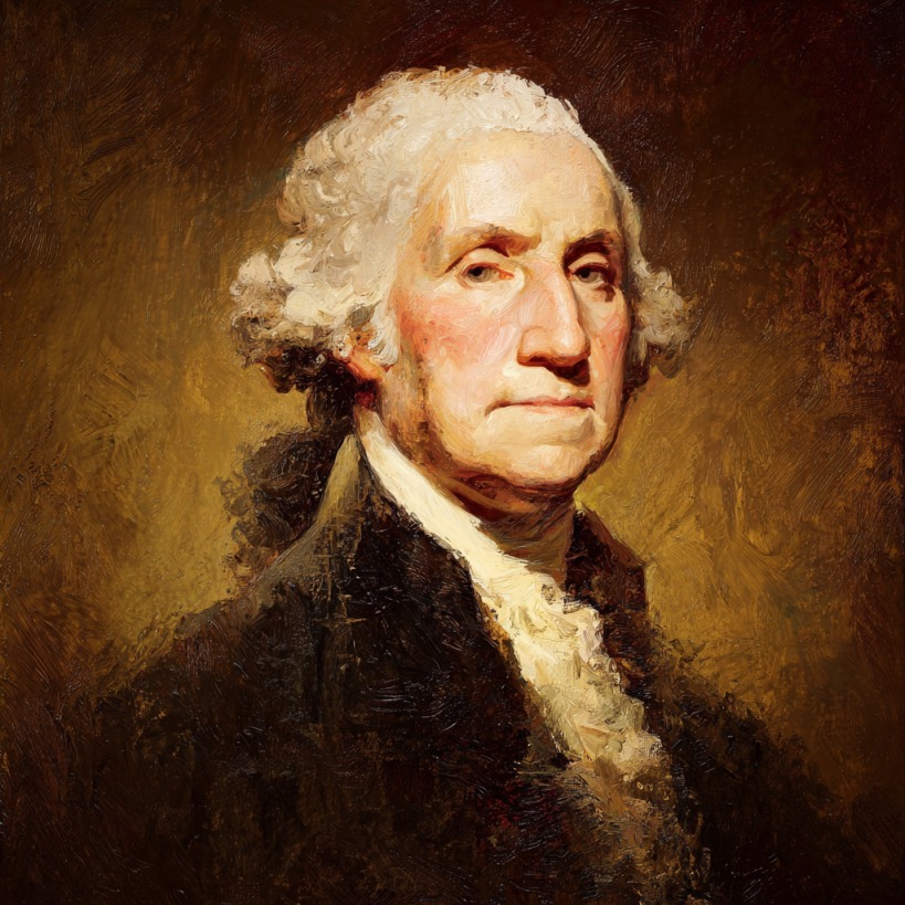 Oil painting of George Washington with a serious expression, wearing a dark coat and white cravat against a warm background