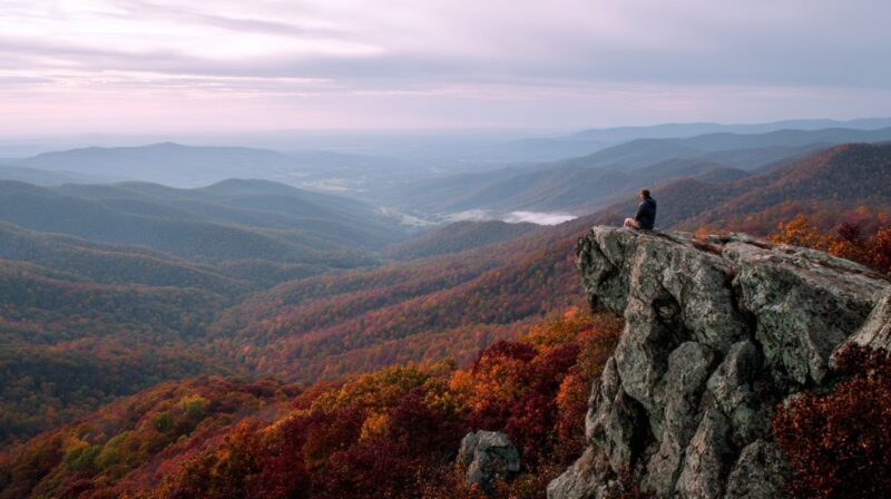 Person sitting on a rocky cliff overlooking colorful autumn mountains in Shenandoah National Park