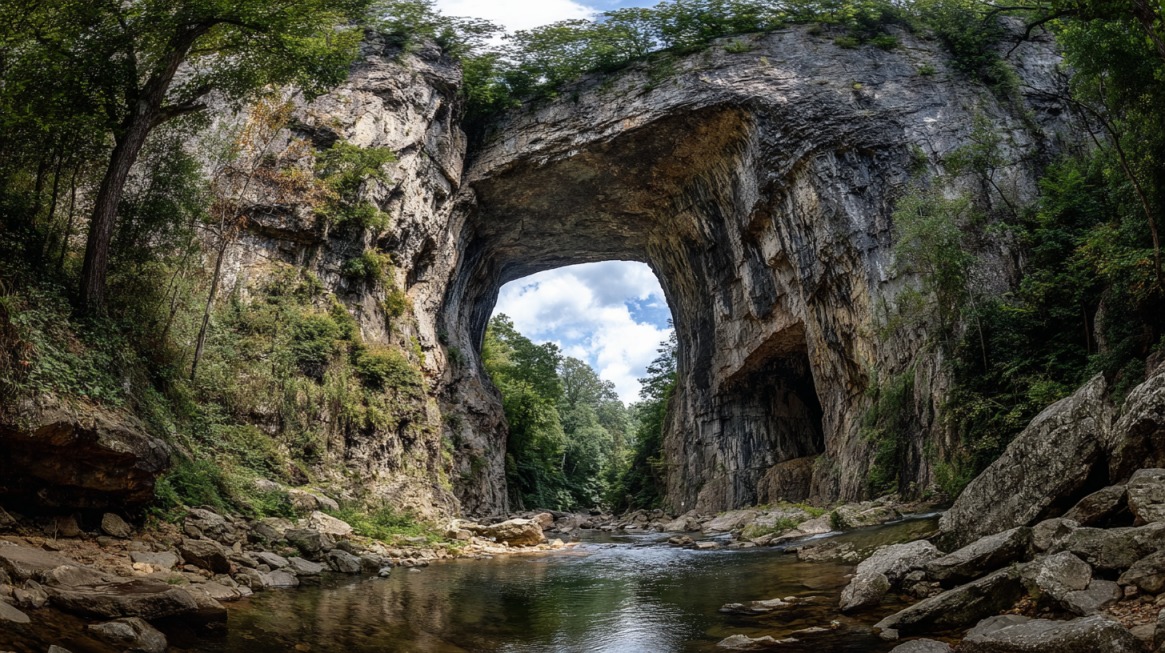 Massive natural limestone arch in Virginia, surrounded by forested cliffs, with a stream running beneath on a sunny day