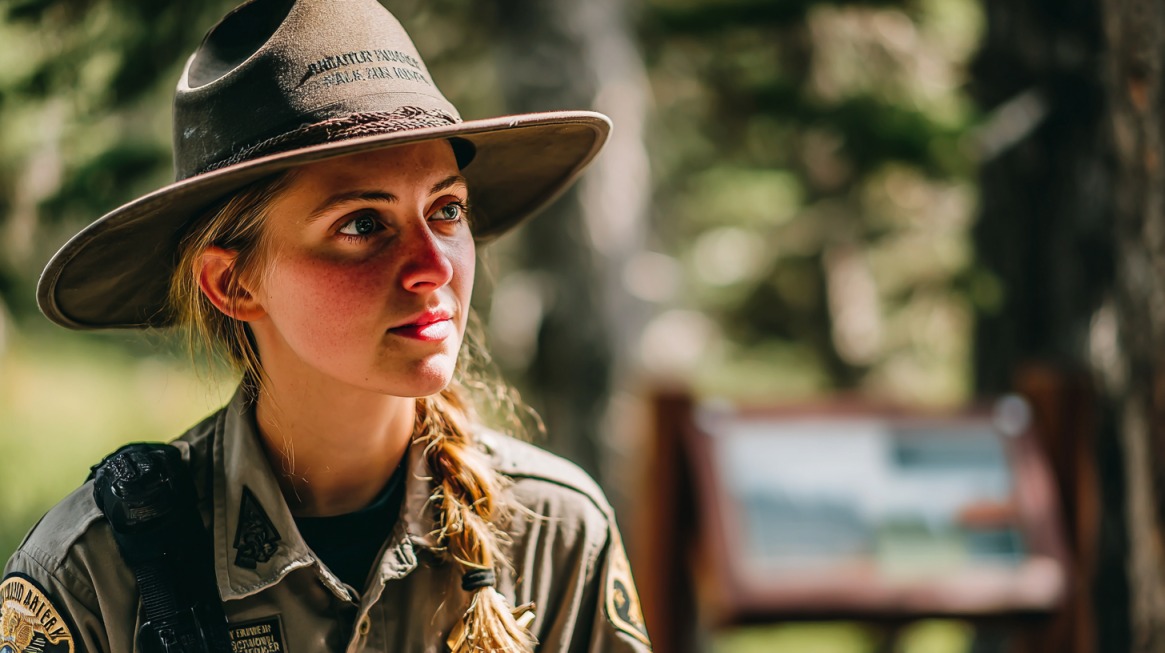 A park ranger wearing a wide-brimmed hat stands outdoors in Shenandoah National Park